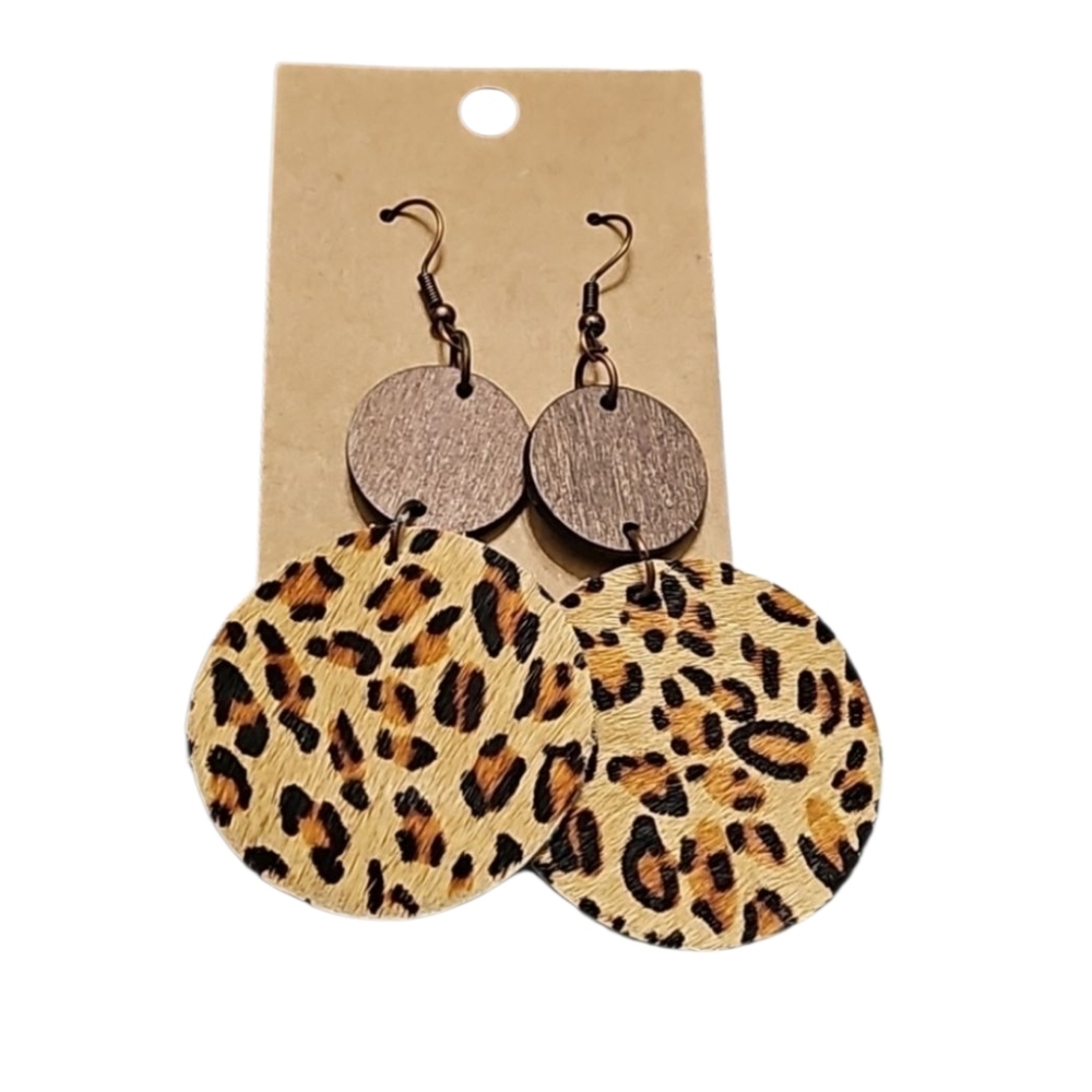Handmade New Leopard Print Leather & Wooden Circle Dangle Earrings